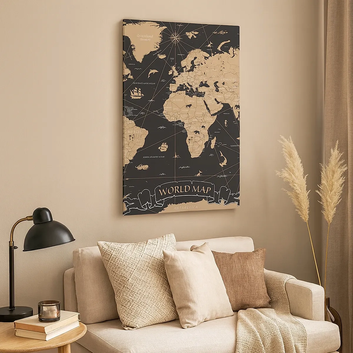 Impression sur toile - Image sur toile - Une carte du monde stylisée sur fond noir avec des accents beiges. - 50x70cm - Les limites de mon monde - Décoration murale moderne pour le salon et la chambre ARTTOR