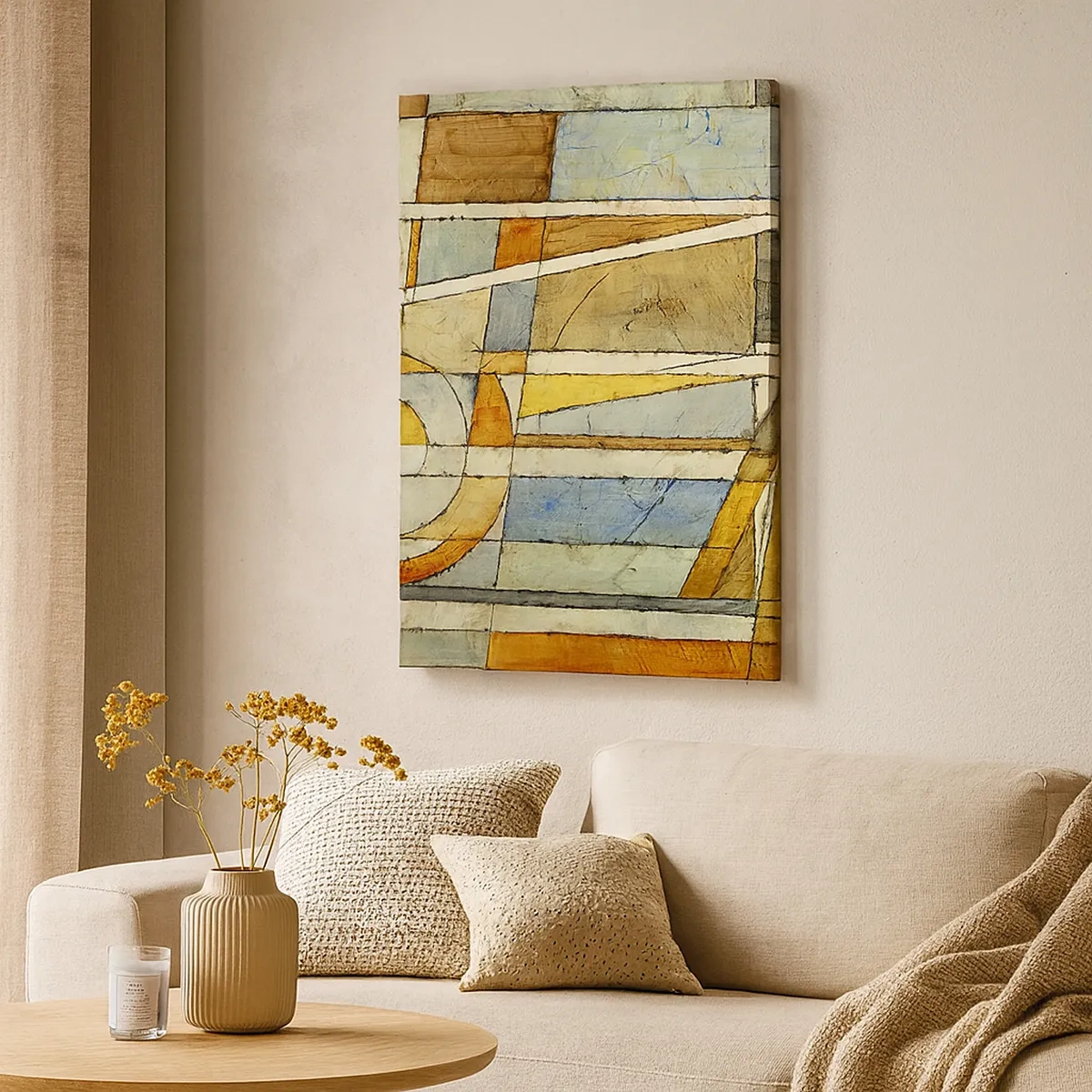Impression sur toile - Image sur toile - Abstraction géométrique dans les tons beige, bleu et orange - 50x70cm - Cubisme sur le chantier - Décoration murale moderne pour le salon et la chambre ARTTOR