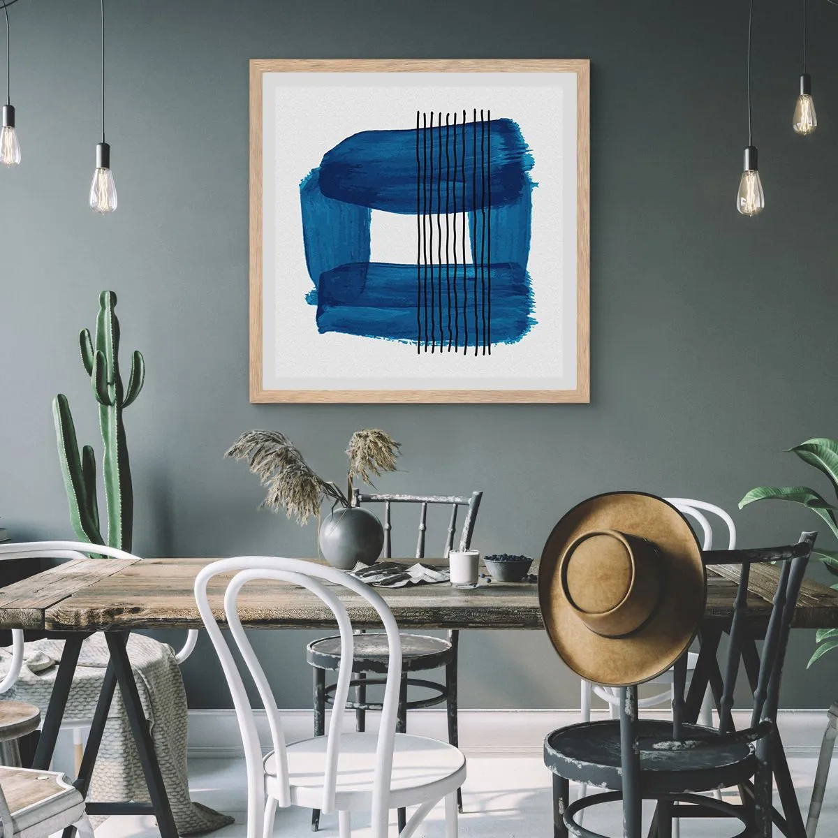 Affiche dans un chêne clair - Poster - Composition noire-bleue - 40x40 cm