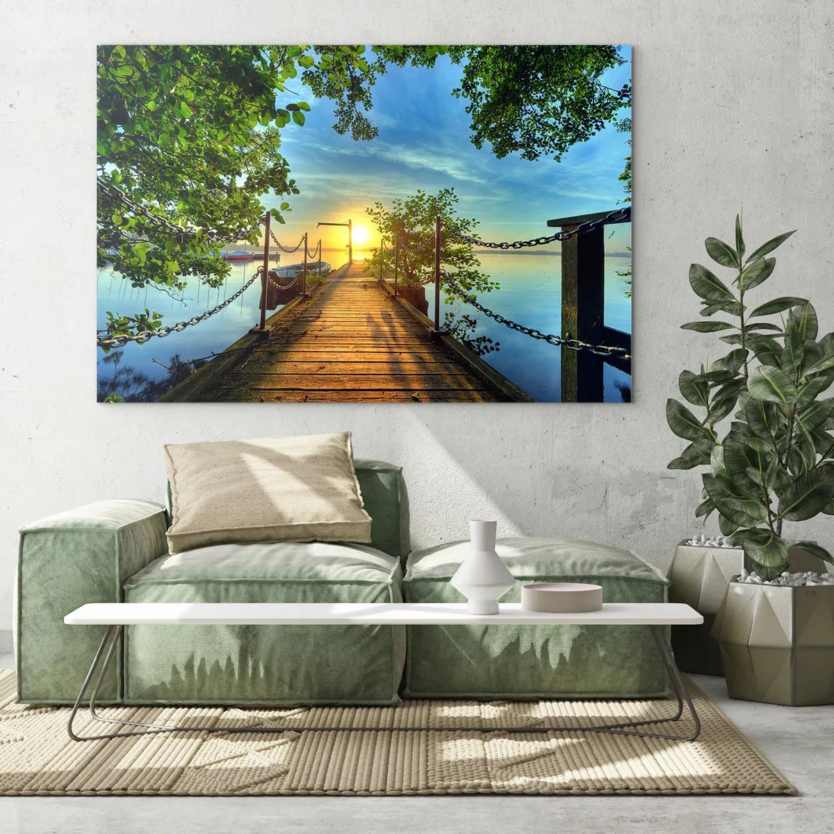 Impression sur verre - Image sur verre - Une jetée surplombant le coucher de soleil sur le lac - 120x80cm - L'ouest au-dessus de l'eau - Décoration murale moderne pour le salon et la chambre ARTTOR