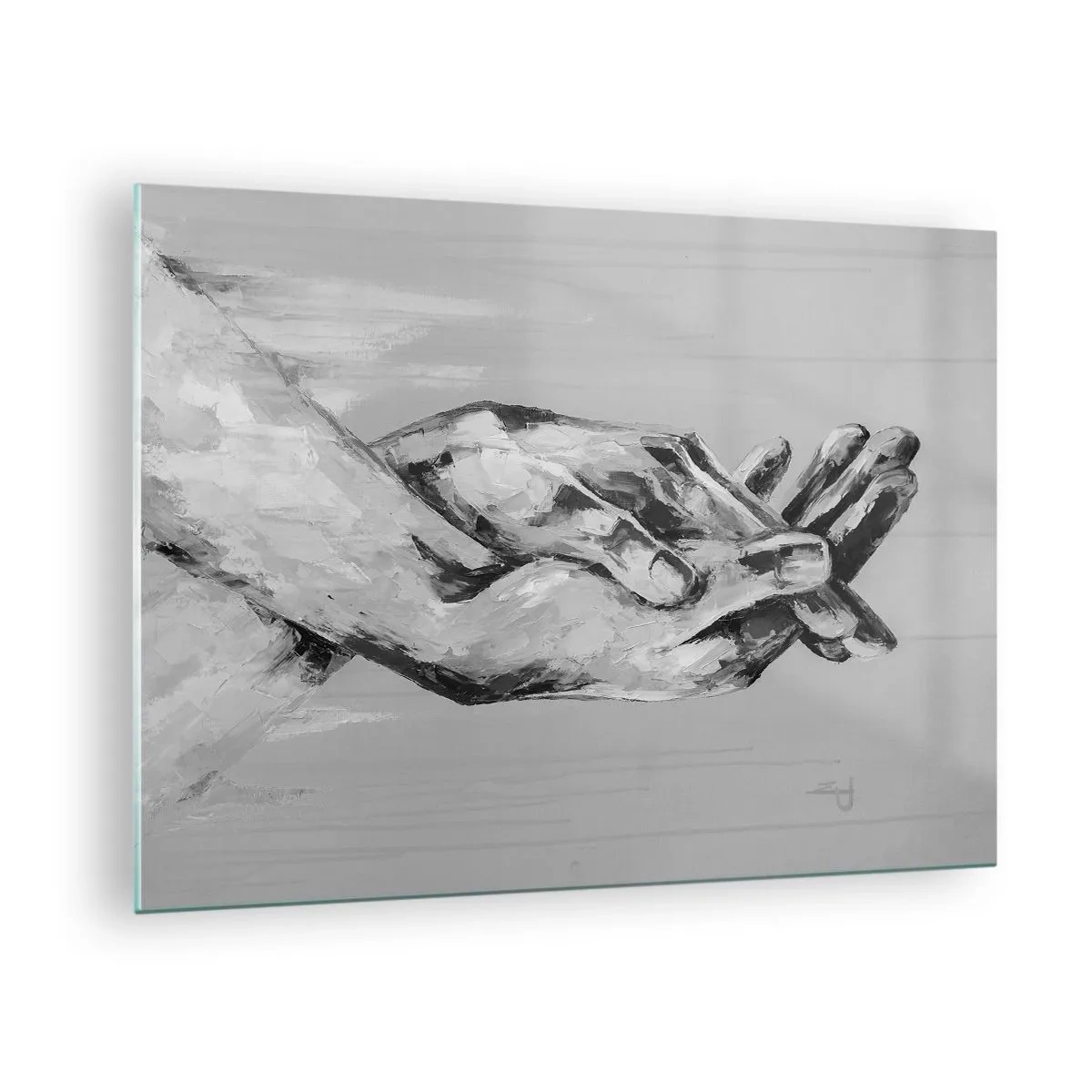 Impression sur verre - Image sur verre - Peinture en noir et blanc de deux mains se tendant l'une vers l'autre - 70x50cm - Début... - Décoration murale moderne pour le salon et la chambre ARTTOR