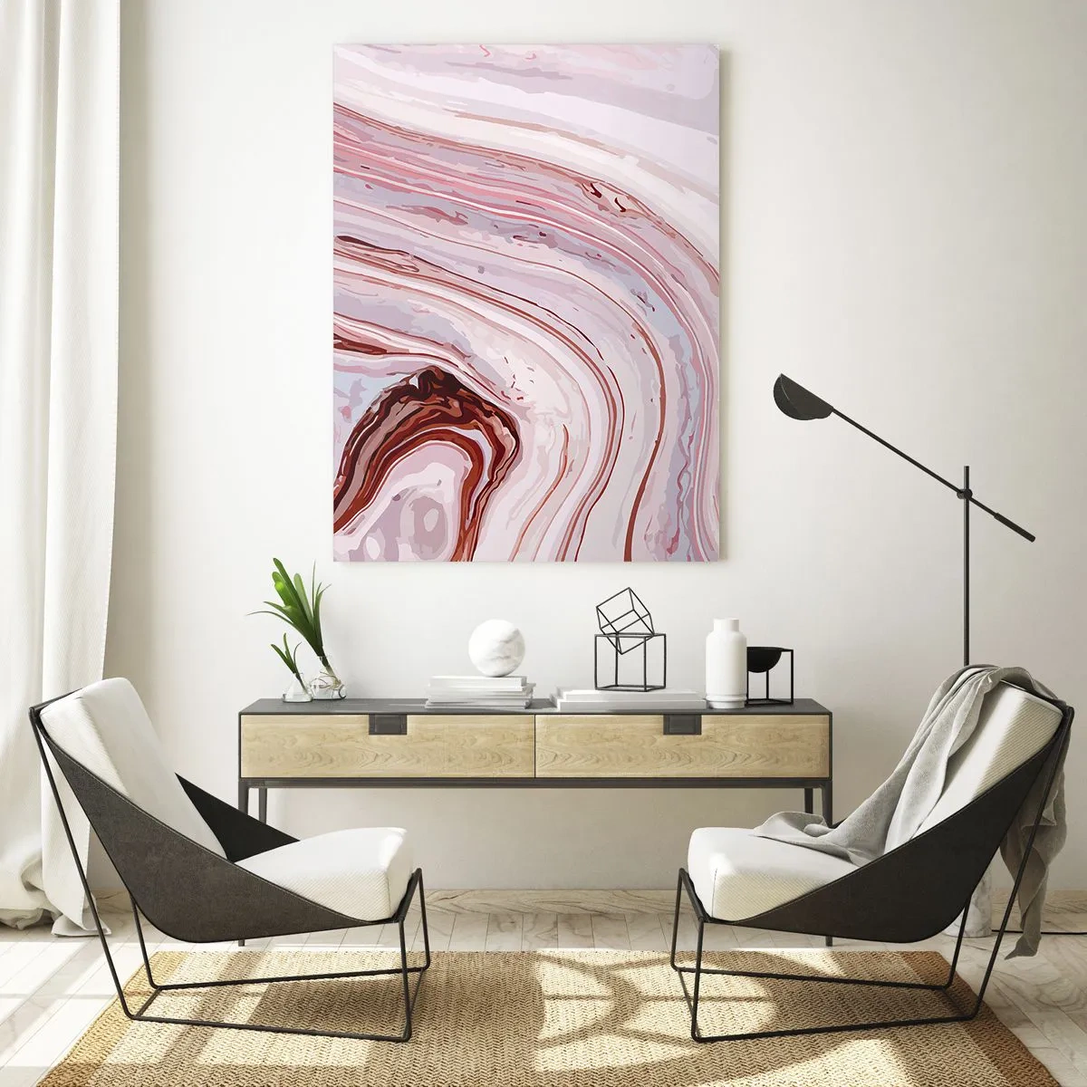 Impression sur verre - Image sur verre - Motif abstrait en rose et blanc - 70x100cm - Tout droit, puis tout en bas - Décoration murale moderne pour le salon et la chambre ARTTOR