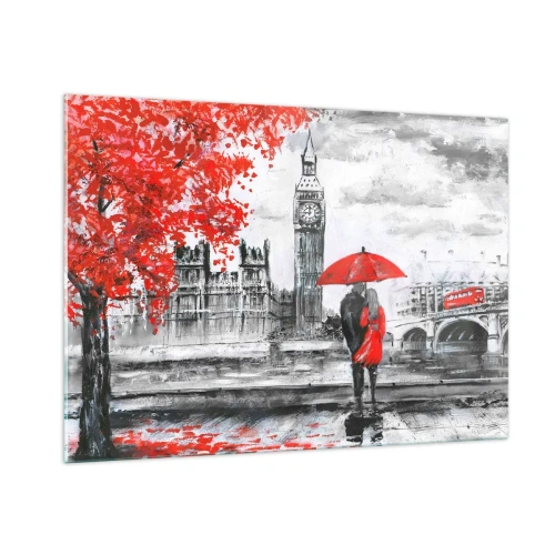 Impression sur verre - Image sur verre - Un couple sous un parapluie rouge avec Big Ben et des arbres d'automne en arrière-plan. - 100x70cm - Amoureux de Londres - Décoration murale moderne pour le salon et la chambre ARTTOR