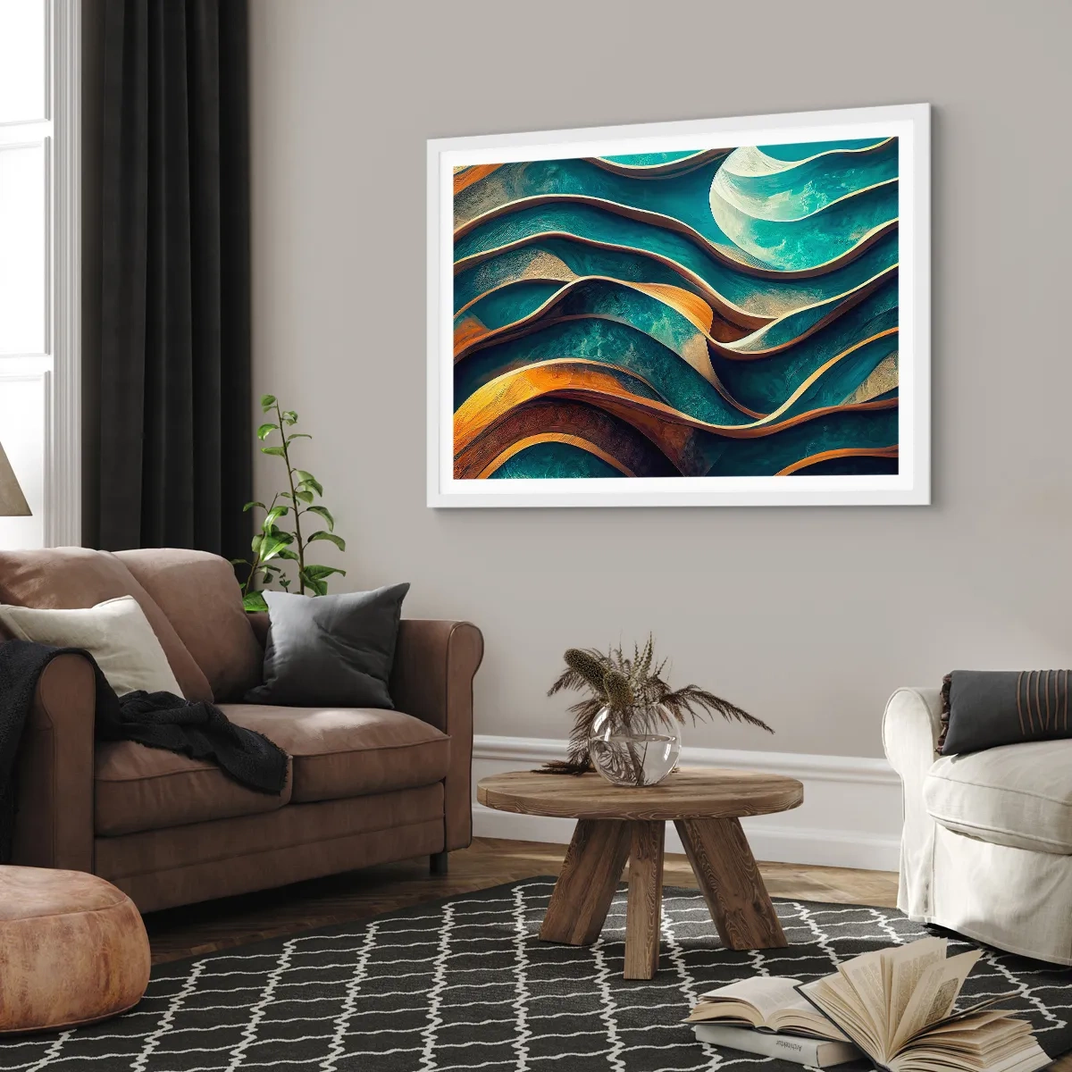 Affiche dans un cadre blanc - Poster - Méandres de bleu - 100x70 cm