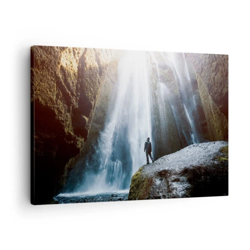 Impression sur toile - Image sur toile - Une silhouette sur fond de cascade majestueuse dans une gorge rocheuse - 70x50cm - Restauration des proportions - Décoration murale moderne pour le salon et la chambre ARTTOR
