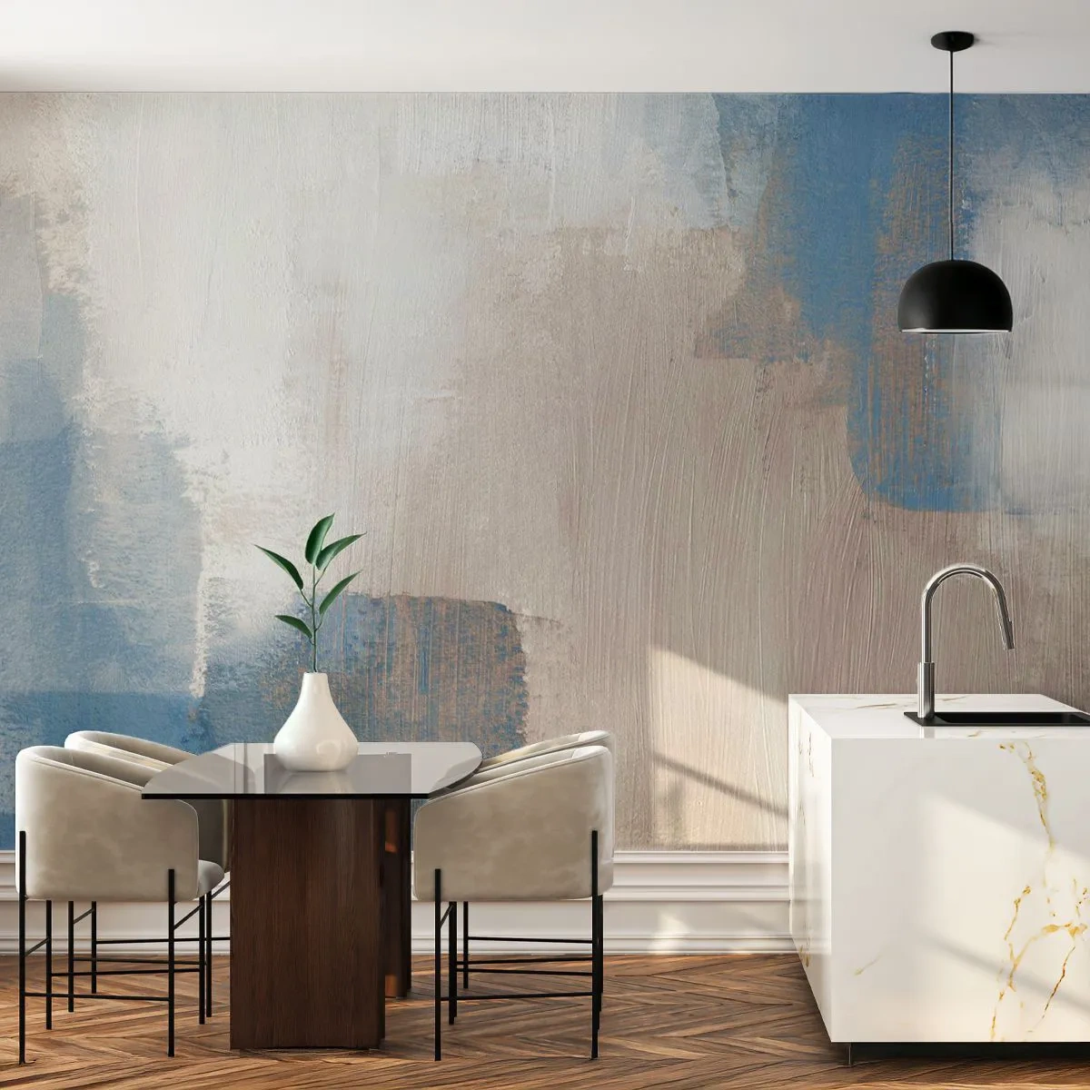 Papier Peint Photo Standard Eco - Abstraction rose derrière un rideau de bleu - Morceau, Contemporain, Des peintures - 350x256 cm