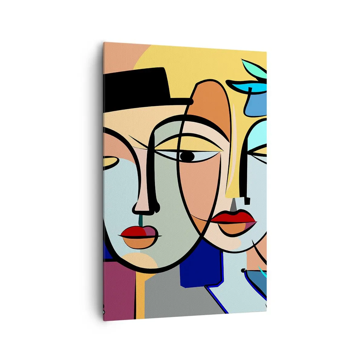 Impression sur toile - Image sur toile - Portraits cubistes aux couleurs vives avec un motif floral - 80x120cm - Le Rendez-vous de Picasso - Décoration murale moderne pour le salon et la chambre ARTTOR