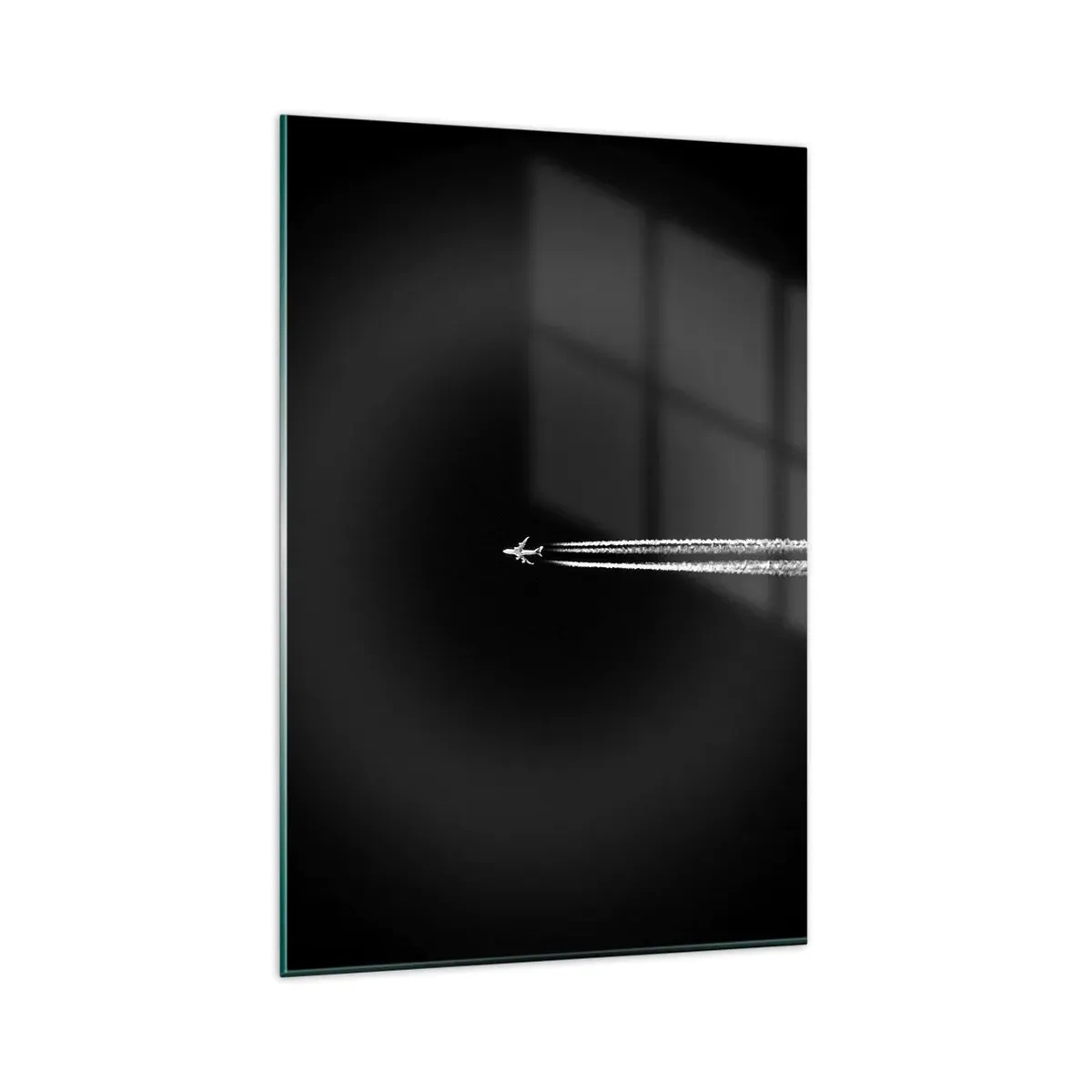 Impression sur verre - Image sur verre - Un avion à réaction avec une traînée de condensation visible sur fond noir - 80x120cm - Dans une autre dimension - Décoration murale moderne pour le salon et la chambre ARTTOR