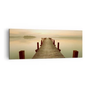 Impression sur toile - Image sur toile - Une jetée en bois sur un lac calme le matin - 140x50cm - L'aube, les premières lueurs, le jour  - Décoration murale moderne pour le salon et la chambre ARTTOR