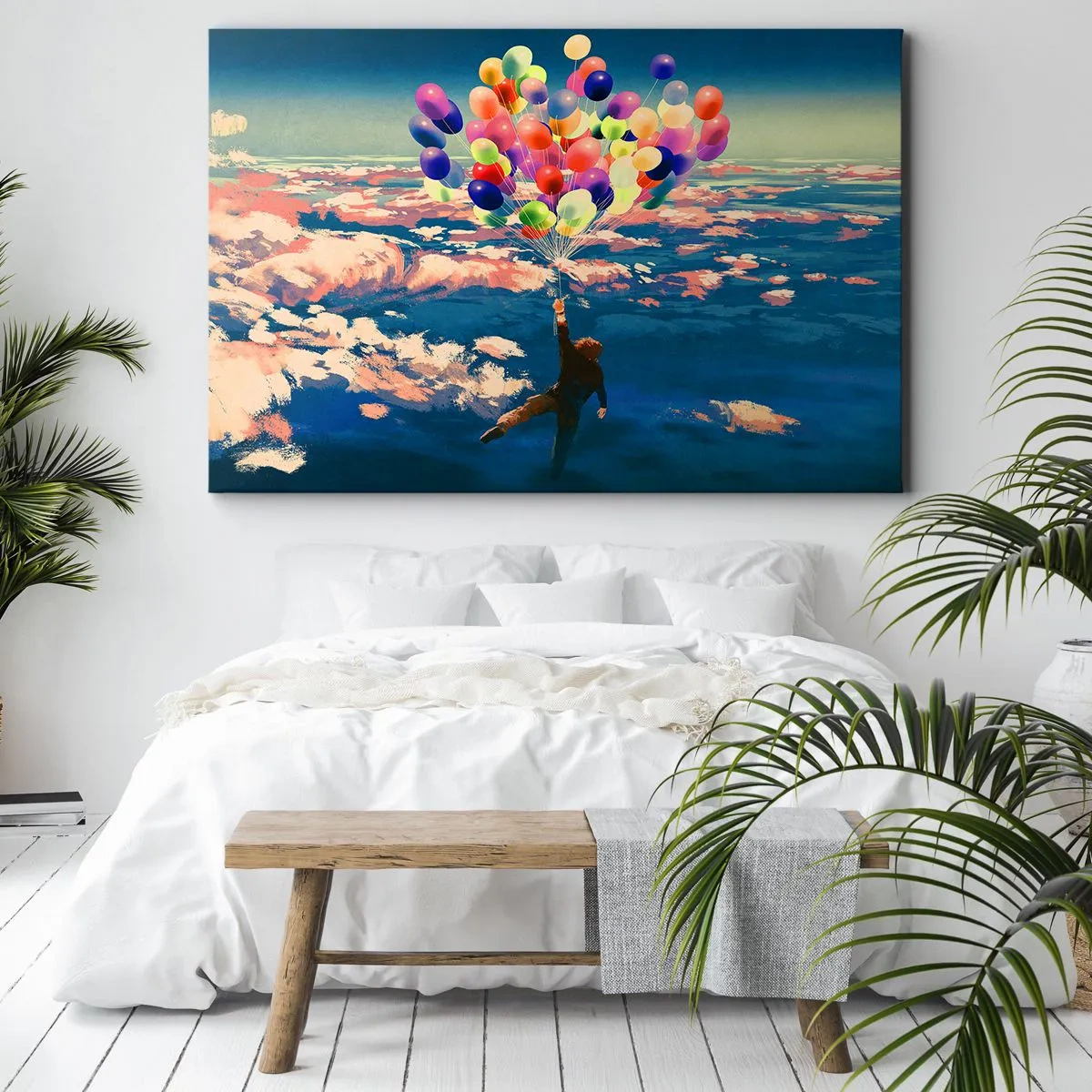 Impression sur toile - Image sur toile - Une silhouette flottant au-dessus des nuages avec des ballons colorés - 70x50cm - Un rêve d'enfant devenu réalité - Décoration murale moderne pour le salon et la chambre ARTTOR