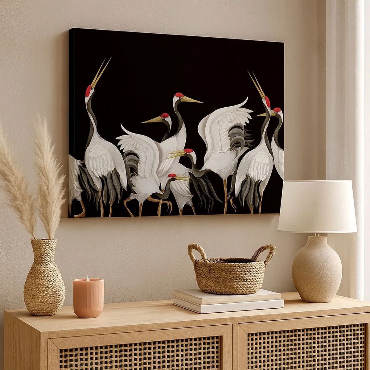 Impression sur toile - Image sur toile - Grues blanches avec des accents rouges sur fond noir - 70x50cm - Histoire d'oiseaux - Décoration murale moderne pour le salon et la chambre ARTTOR
