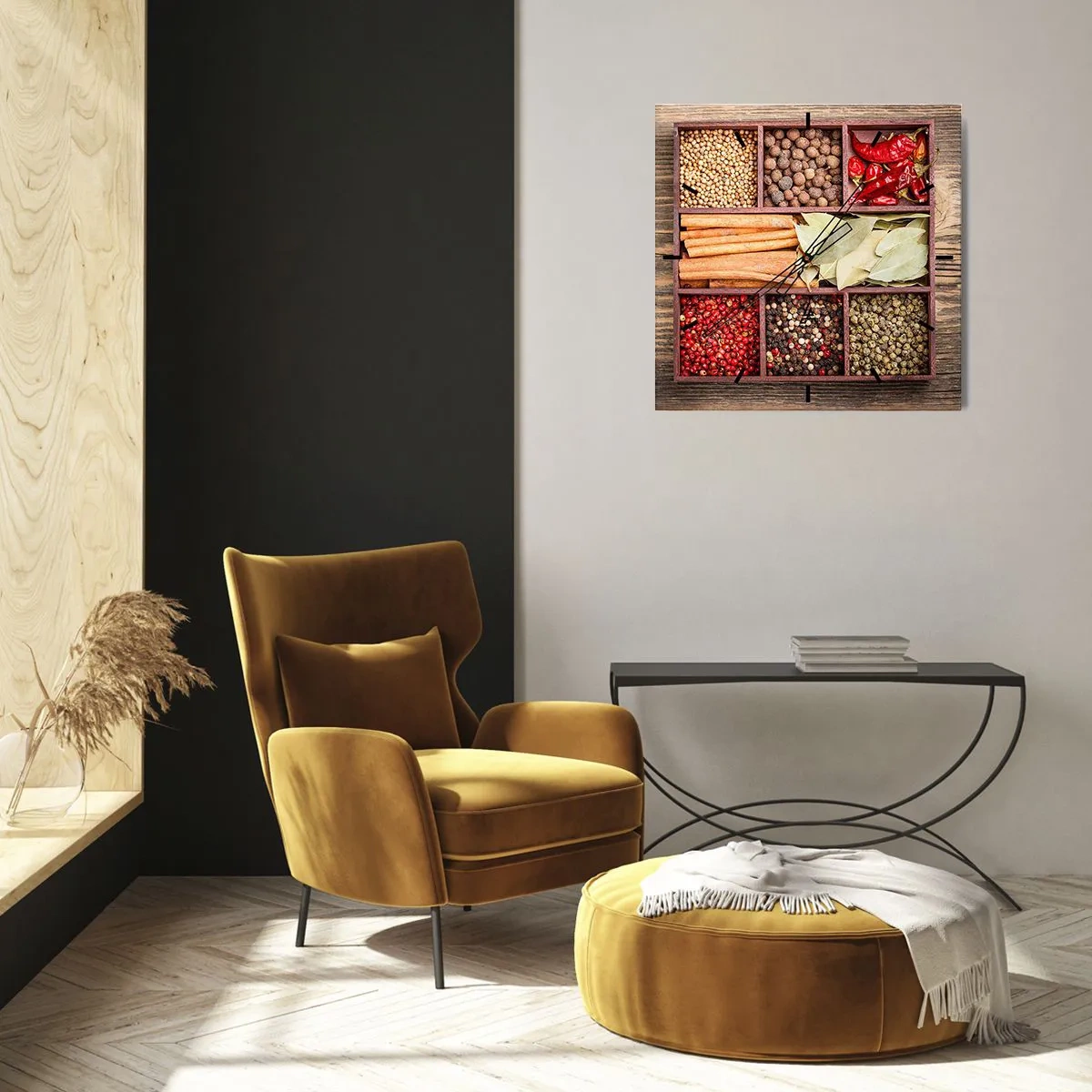 Horloge murale - Pendule murale - Boîte en bois avec diverses épices dans des compartiments - 30x30cm - Ordre des formes, bouquet d'arômes - Décoration murale moderne pour le salon et la chambre ARTTOR