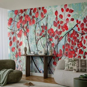 Papier Peint Autocollant Deluxe Sticker - Arbre en écarlate - Abstraction, Feuilles rouges, Bifurquer - 150x105 cm