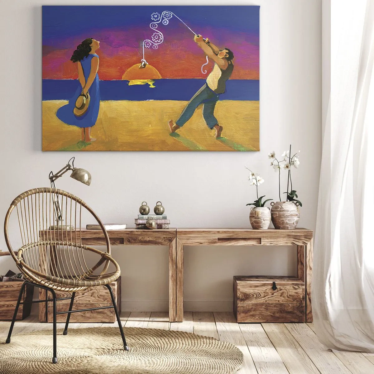 Impression sur toile - Image sur toile - Personnages au bord de la mer au coucher du soleil - 100x70cm - Plus qu'une étoile dans le ciel - Décoration murale moderne pour le salon et la chambre ARTTOR