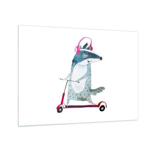 Impression sur verre - Image sur verre - Blaireau avec un casque sur un scooter aquarelle - 70x50cm - La joie du blaireau - Décoration murale moderne pour le salon et la chambre ARTTOR