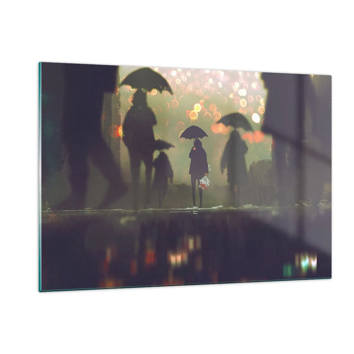 Impression sur verre - Image sur verre - Personnages avec parapluies sous la pluie sur fond de lumières de la ville - 120x80cm - Du point de vue d'une goutte de pluie - Décoration murale moderne pour le salon et la chambre ARTTOR