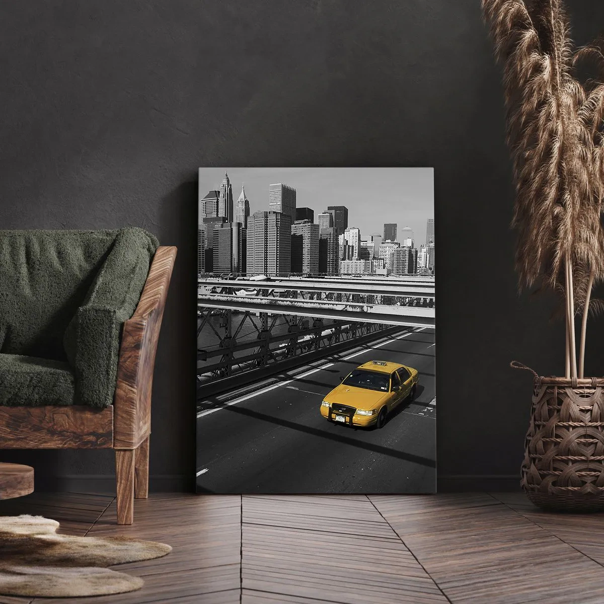 Impression sur toile - Image sur toile - Taxi jaune sur un pont avec vue sur les toits de New York - 70x100cm - Couleur de la grande ville - Décoration murale moderne pour le salon et la chambre ARTTOR