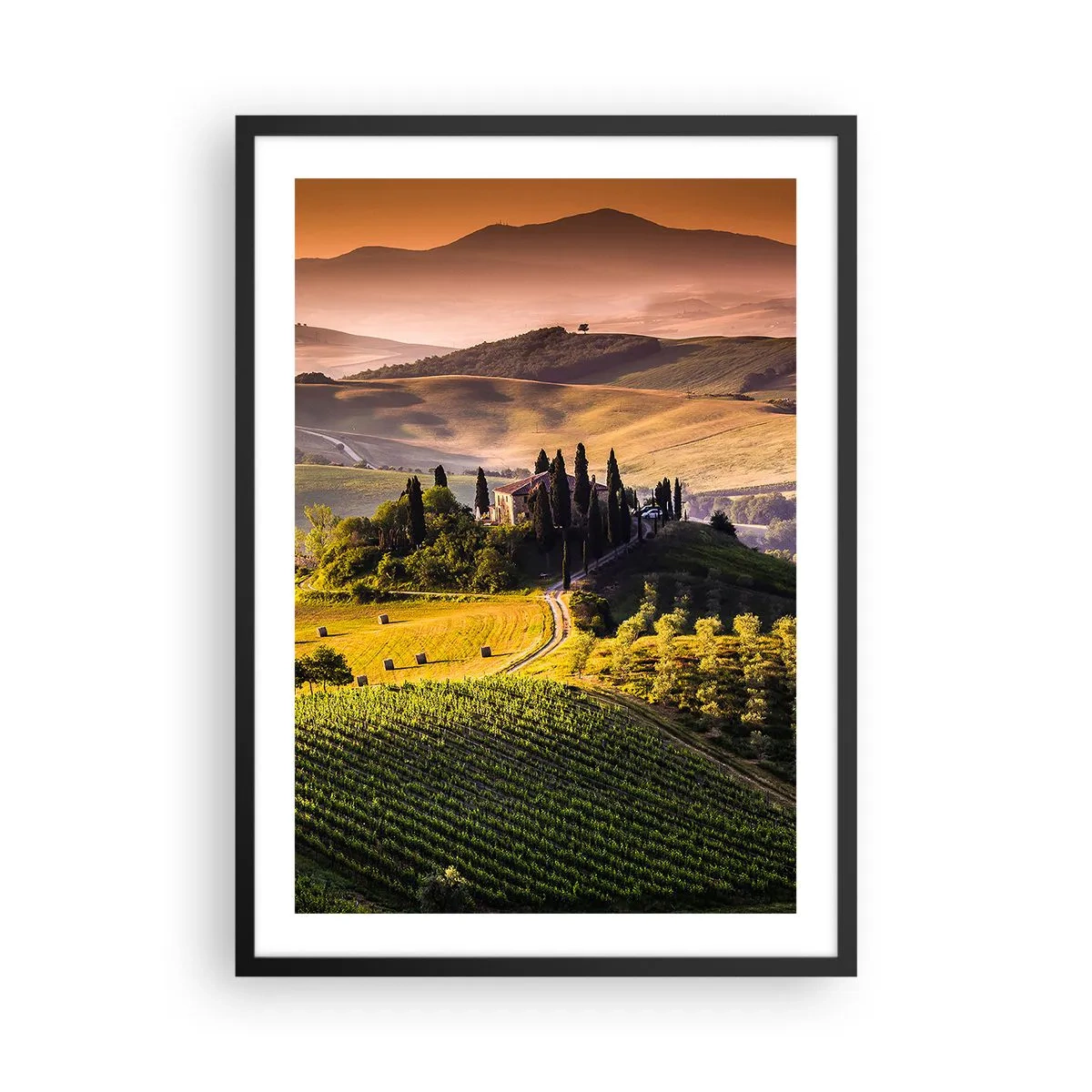 Affiche dans un cadre noir - Poster - Paysage toscan avec vignobles au coucher du soleil - 50x70cm - Arcadie - le paysage toscan - Décoration murale moderne pour le salon et la chambre ARTTOR