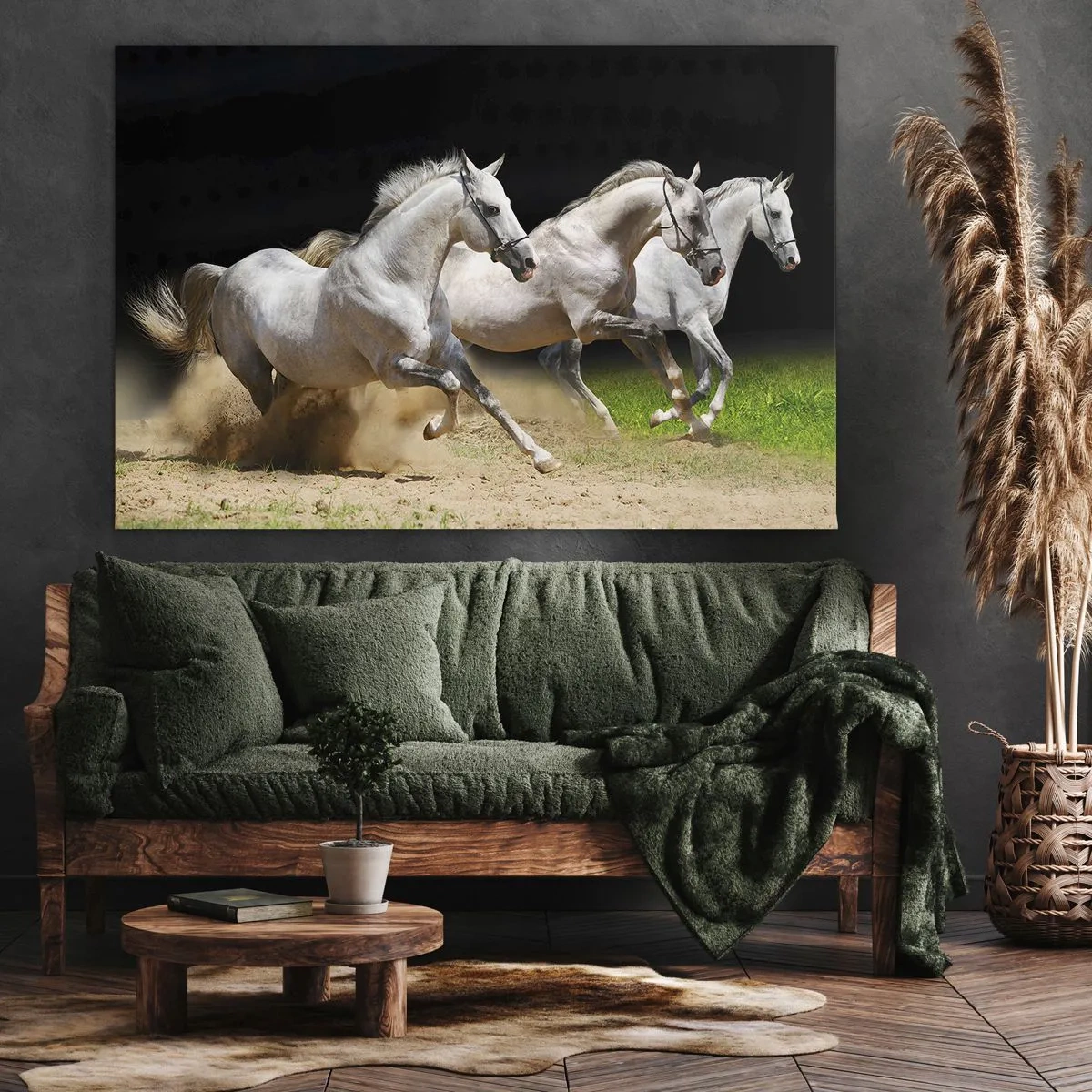 Impression sur toile - Image sur toile - Trois chevaux blancs galopant sur le sable et l'herbe - 70x50cm - Trois Grâces - Décoration murale moderne pour le salon et la chambre ARTTOR
