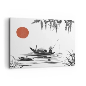 Impression sur toile - Image sur toile - Paysage oriental avec un pêcheur sur un bateau et un soleil rouge - 120x80cm - Après-midi asiatique - Décoration murale moderne pour le salon et la chambre ARTTOR