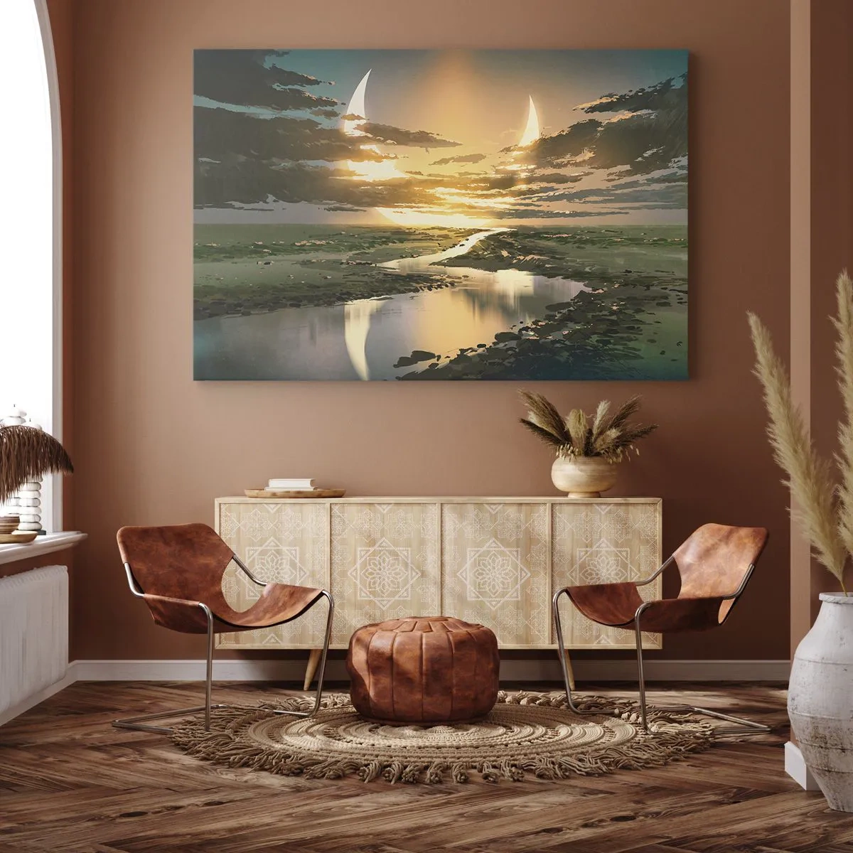 Impression sur toile - Image sur toile - Un paysage fantastique avec deux lunes à l'horizon - 120x80cm - Quelque part dans une galaxie lointaine, très lointaine - Décoration murale moderne pour le salon et la chambre ARTTOR