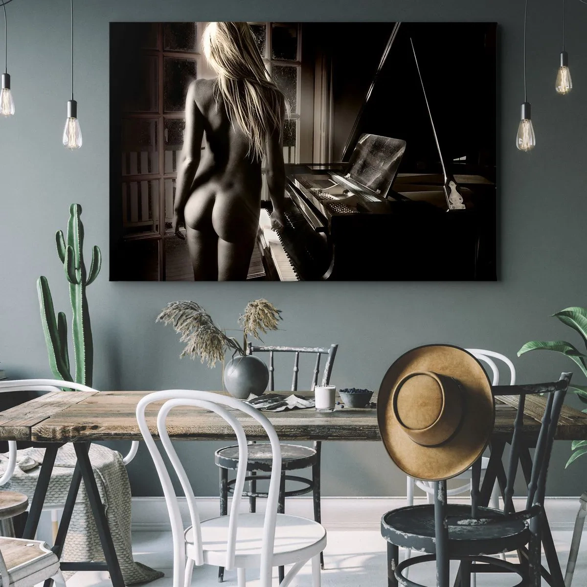 Impression sur toile - Image sur toile - Nu féminin au piano en noir et blanc - 100x70cm - Harmonie parfaite du soir - Décoration murale moderne pour le salon et la chambre ARTTOR