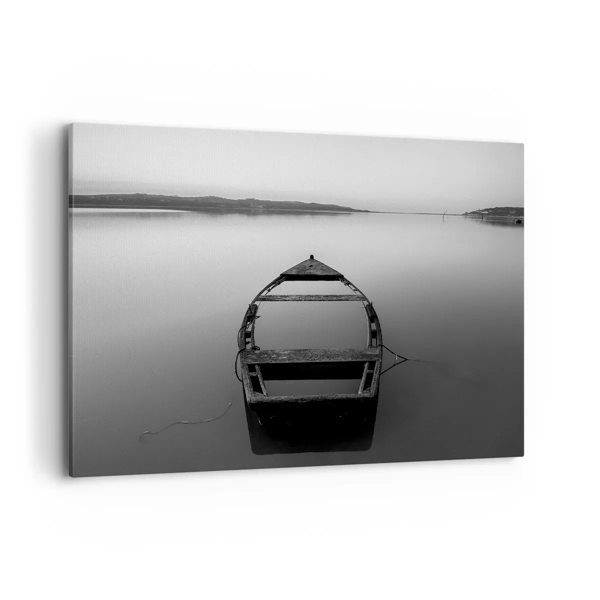 Impression sur toile - Image sur toile - Un bateau solitaire sur un lac calme dans des tons de noir et blanc - 100x70cm - Nostalgie et mélancolie - Décoration murale moderne pour le salon et la chambre ARTTOR