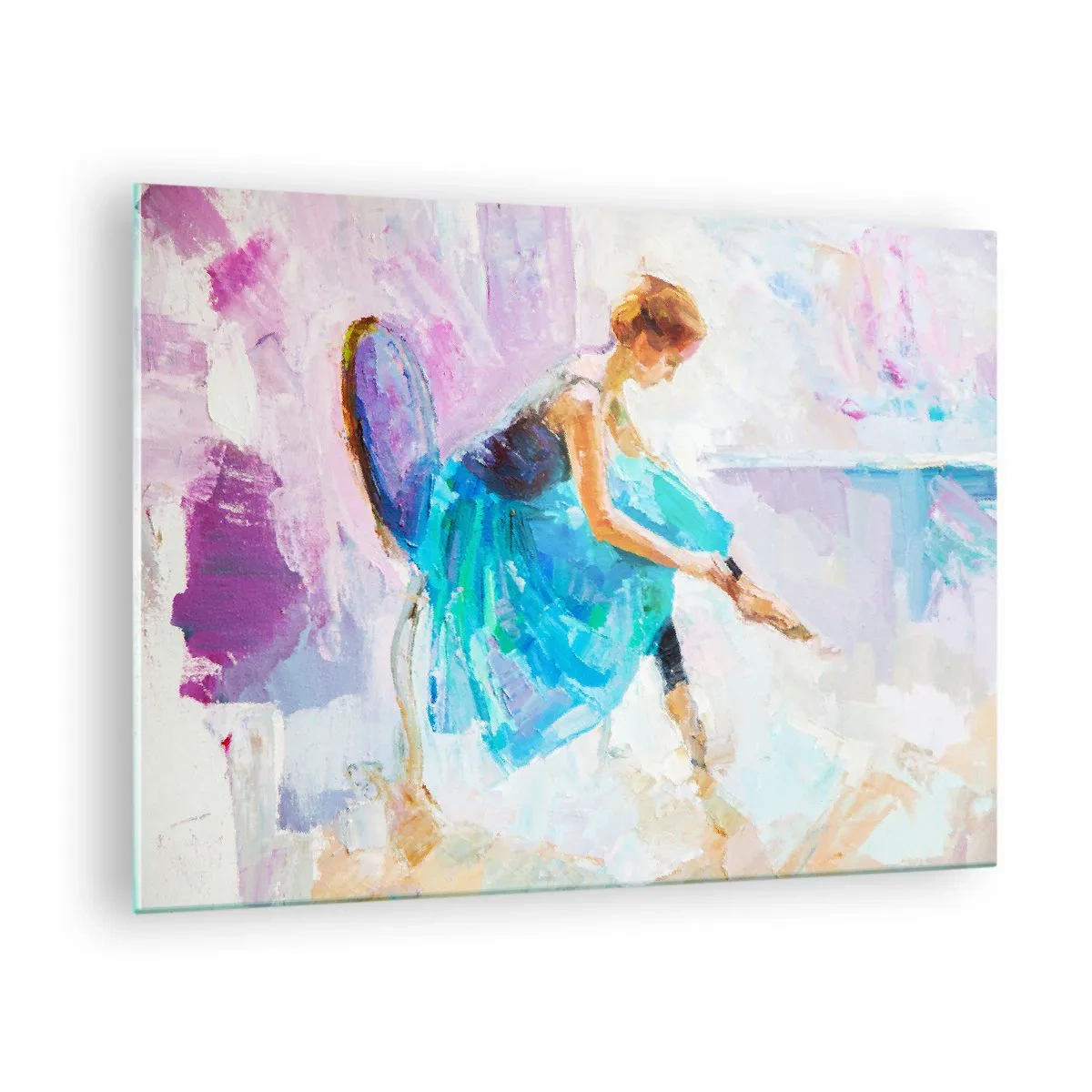 Impression sur verre - Image sur verre - Une ballerine en robe bleue sur fond impressionniste - 70x50cm - Grâce ineffable, charme subtil - Décoration murale moderne pour le salon et la chambre ARTTOR