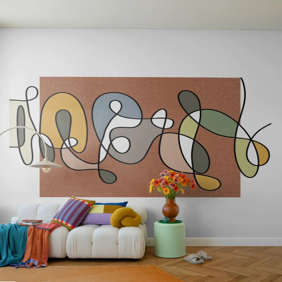 Papier Peint Photo Premium Sand - Abstraction colorée avec des lignes sur un fond en terre cuite - 100x70cm - Une abstraction qui mérite le sourire - Décoration murale moderne pour le salon et la chambre ARTTOR