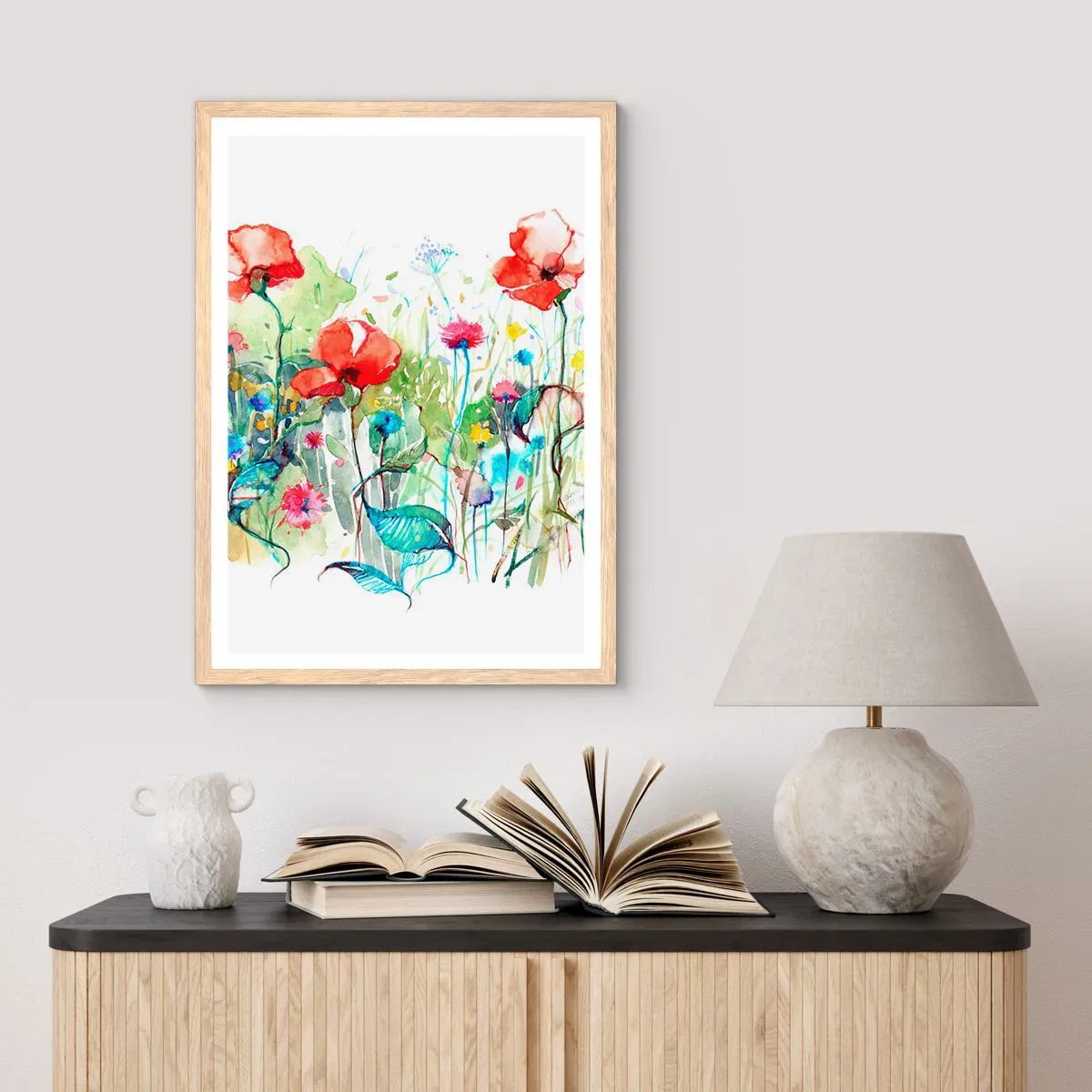 Affiche dans un chêne clair - Poster - Prairie de fleurs en mai - 70x100 cm