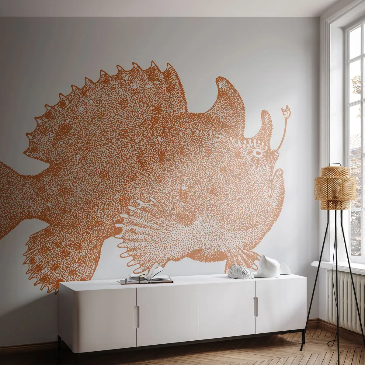 Papier Peint Photo Standard Eco - Illustration détaillée d'un poisson dans un style graphique sépia - 100x70cm - Et pourtant un poisson - Décoration murale moderne pour le salon et la chambre ARTTOR