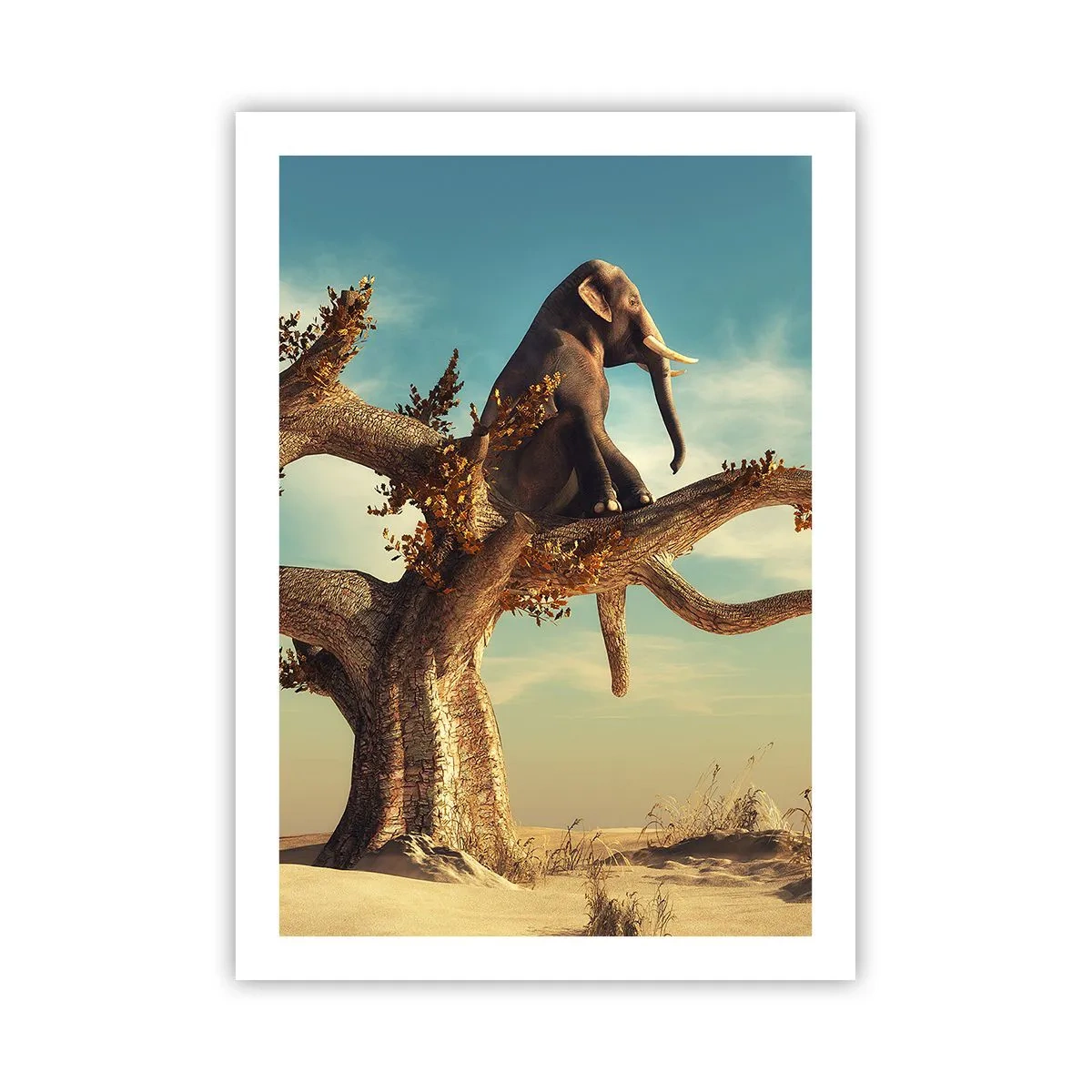 Affiche - Poster - Un éléphant assis sur une branche d'arbre dans un paysage surréaliste. - 50x70cm - Nouveau point de vue - Décoration murale moderne pour le salon et la chambre ARTTOR