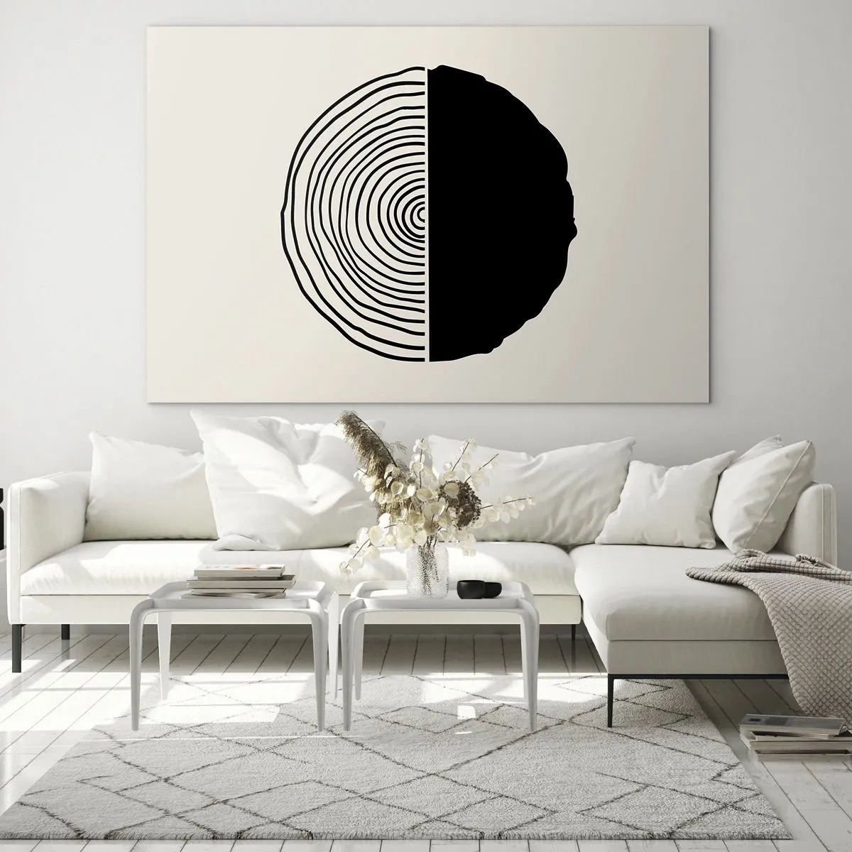 Impression sur verre - Image sur verre - Un graphique minimaliste d'une coupe transversale d'un tronc d'arbre en deux moitiés. - 70x50cm - Moitié-moitié - Décoration murale moderne pour le salon et la chambre ARTTOR