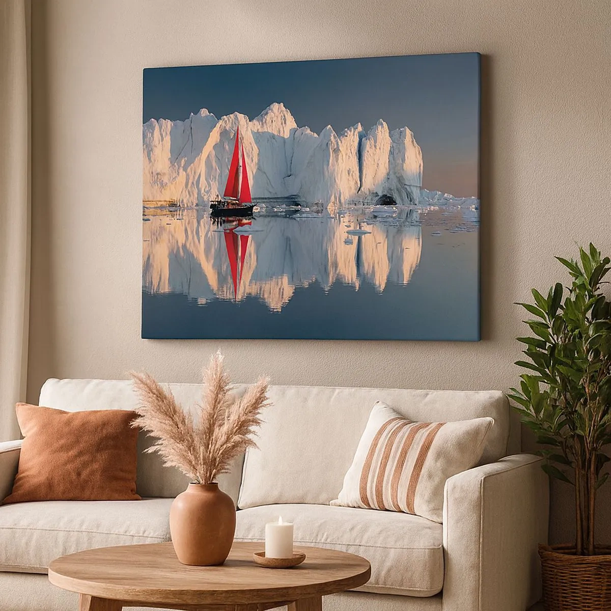 Impression sur toile - Image sur toile - Un voilier avec une voile rouge sur fond de glacier - 70x50cm - Aux limites du monde - Décoration murale moderne pour le salon et la chambre ARTTOR