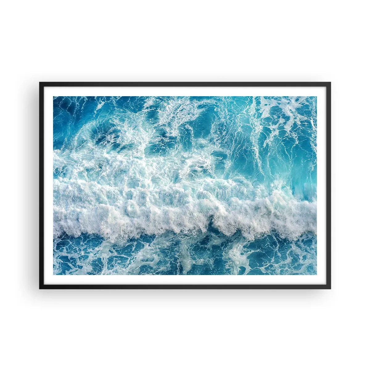 Affiche dans un cadre noir - Poster - Vagues océaniques dynamiques dans des tons de bleu - 100x70cm - Joyeusement et en sautant - Décoration murale moderne pour le salon et la chambre ARTTOR