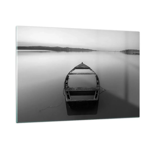 Impression sur verre - Image sur verre - Un vieux bateau sur une surface d'eau calme en noir et blanc - 120x80cm - Nostalgie et mélancolie - Décoration murale moderne pour le salon et la chambre ARTTOR