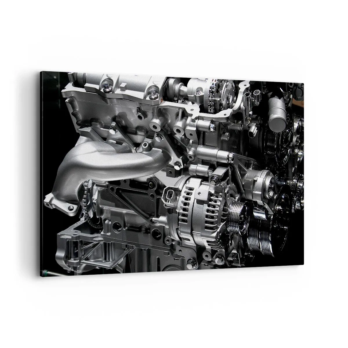 Impression sur toile - Image sur toile - Gros plan de pièces de moteur en métal sur fond noir - 120x80cm - Acier, beau, fort - Décoration murale moderne pour le salon et la chambre ARTTOR