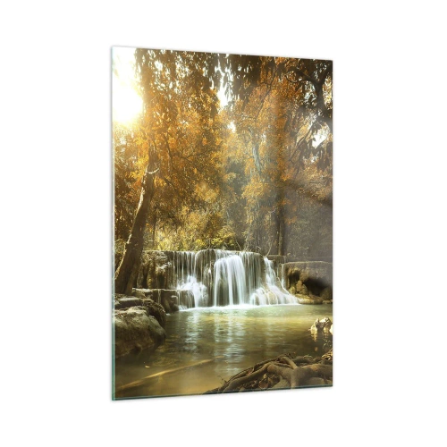 Impression sur verre - Image sur verre - Une cascade dans un parc entouré d'arbres aux couleurs d'automne - 50x70cm - Cascade du parc - Décoration murale moderne pour le salon et la chambre ARTTOR