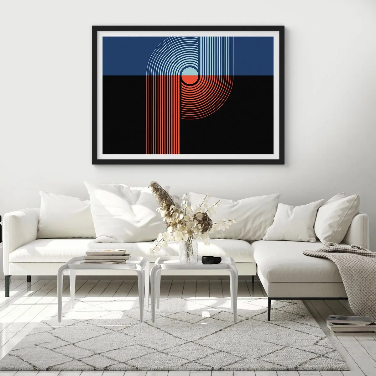 Affiche dans un cadre noir - Poster - Abstraction géométrique avec des lignes bleu marine et orange. - 70x50cm - Dans une étreinte géométrique - Décoration murale moderne pour le salon et la chambre ARTTOR