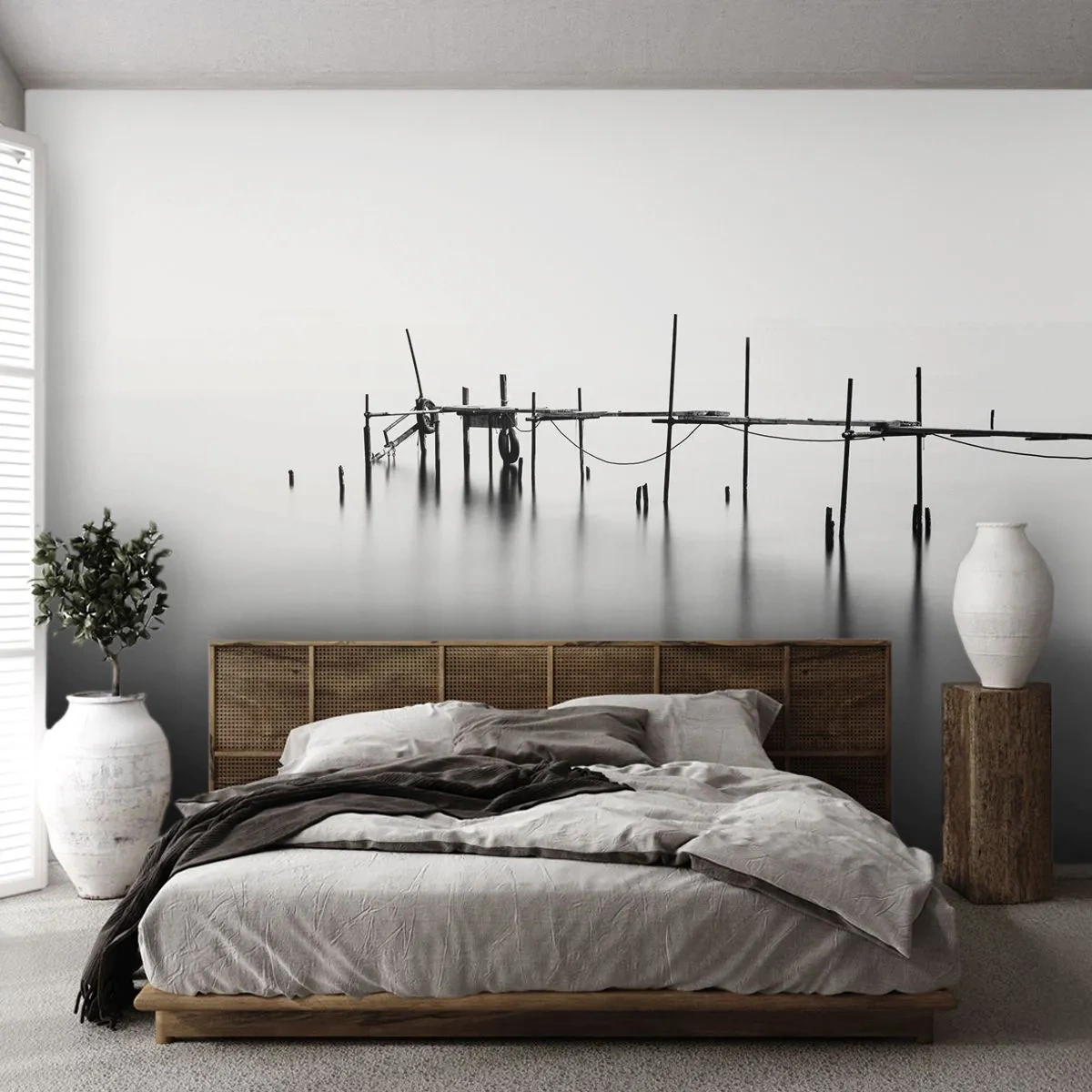 Papier Peint Photo Premium Canvas - Et s'il n'y avait pas de monde ? - Paysage, Pont de bois, Noir et blanc - 150x105 cm