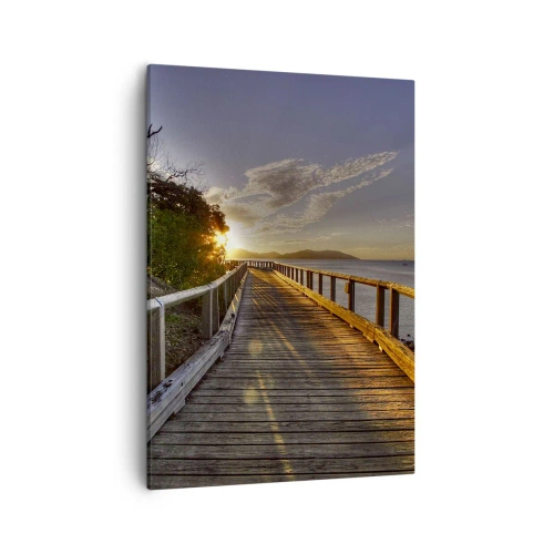 Impression sur toile - Image sur toile - Une jetée en bois mène vers le coucher de soleil sur l'eau - 50x70cm - Aller, aller tout le temps en direction du soleil - Décoration murale moderne pour le salon et la chambre ARTTOR