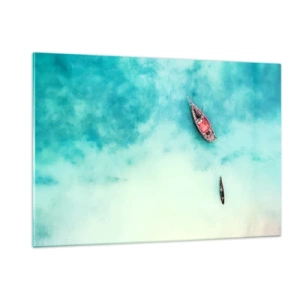 Impression sur verre - Image sur verre - Bateaux sur une eau azur dans un cadre paisible - 120x80cm - Car sur les plages de Zanzibar, quand il y a un débordement d'eau... - Décoration murale moderne pour le salon et la chambre ARTTOR