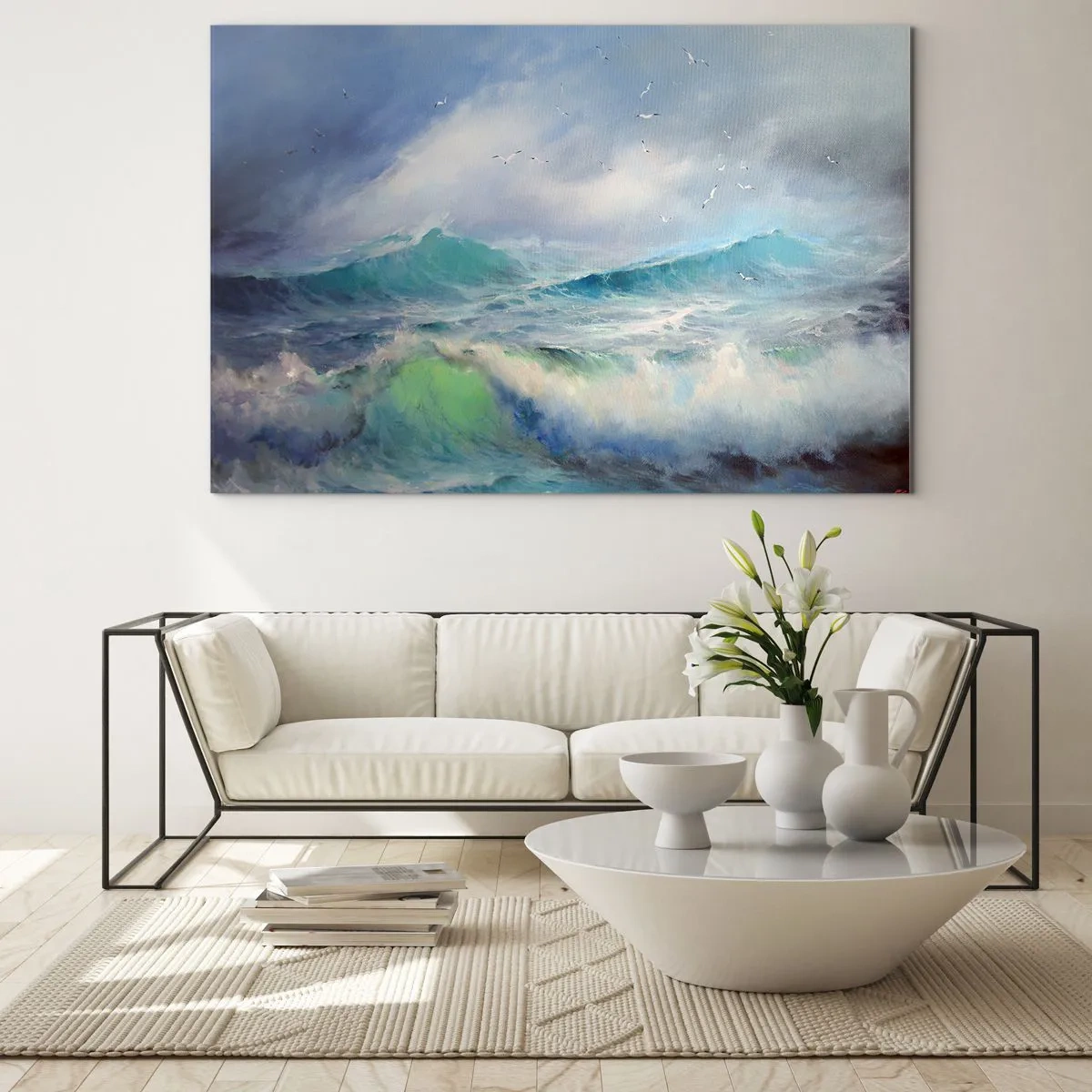 Impression sur verre - Image sur verre - Vagues océaniques agitées avec des oiseaux dans un ciel nuageux - 120x80cm - "Le tourbillon hurlait de triomphe..." - Décoration murale moderne pour le salon et la chambre ARTTOR