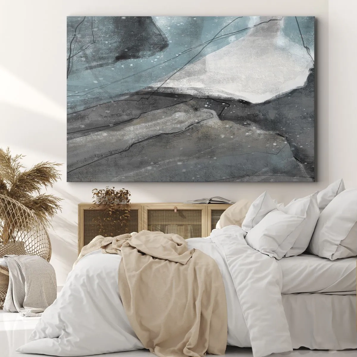 Impression sur toile - Image sur toile - Composition abstraite dans les tons de gris et de bleu - 120x80cm - Résumé : roches et glace - Décoration murale moderne pour le salon et la chambre ARTTOR