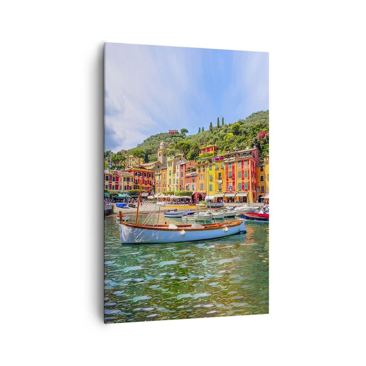 Impression sur toile - Image sur toile - Maisons de ville colorées et bateaux dans une ville balnéaire italienne - 80x120cm - Matinée italienne - Décoration murale moderne pour le salon et la chambre ARTTOR