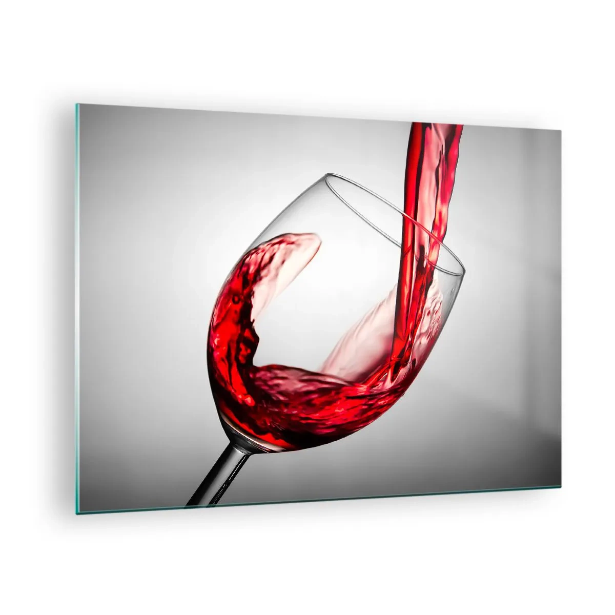 Impression sur verre - Image sur verre - Du vin rouge versé dans un verre sur un fond clair - 70x50cm - Nuance - mouvement - son - Décoration murale moderne pour le salon et la chambre ARTTOR
