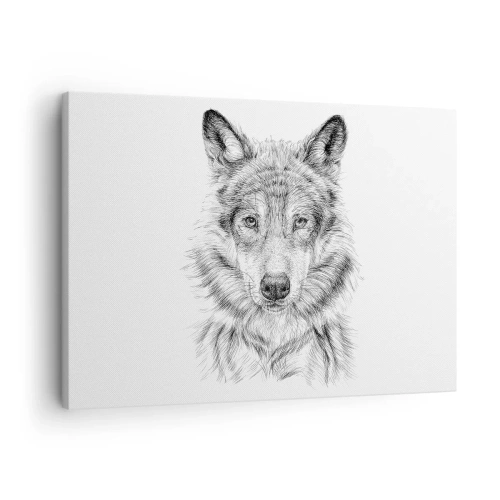 Impression sur toile - Image sur toile - Croquis d'une tête de loup dans un style monochrome sur fond blanc - 70x50cm - Un leader né - Décoration murale moderne pour le salon et la chambre ARTTOR