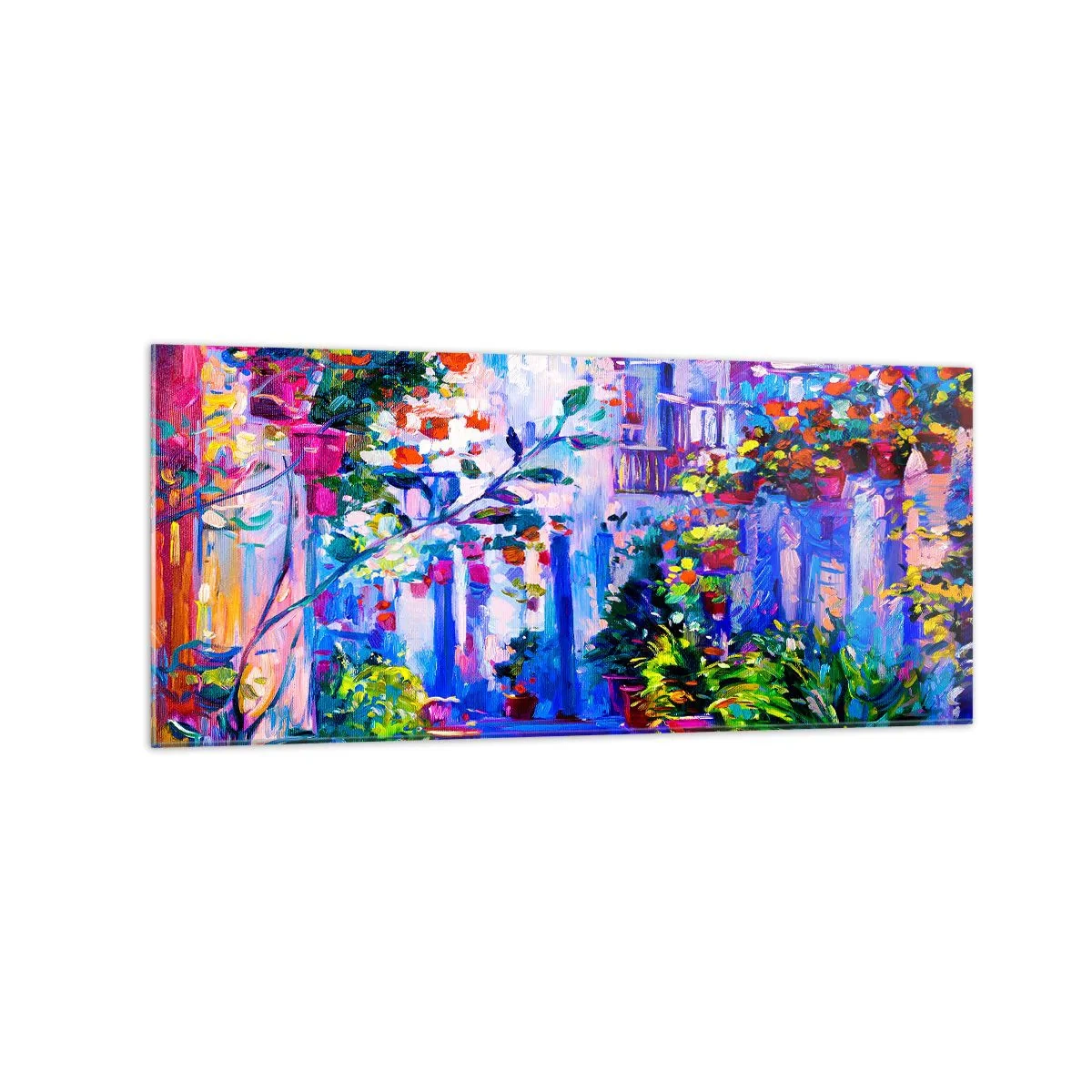 Impression sur verre - Image sur verre - Une rue colorée pleine de fleurs - 120x50cm - Impression - une rue italienne - Décoration murale moderne pour le salon et la chambre ARTTOR