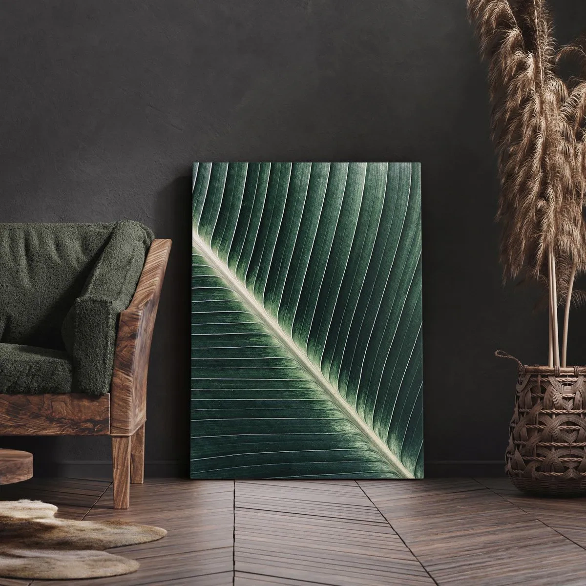 Impression sur toile - Image sur toile - Gros plan de la structure d'une feuille verte - 80x120cm - Le rythme de la nature - Décoration murale moderne pour le salon et la chambre ARTTOR