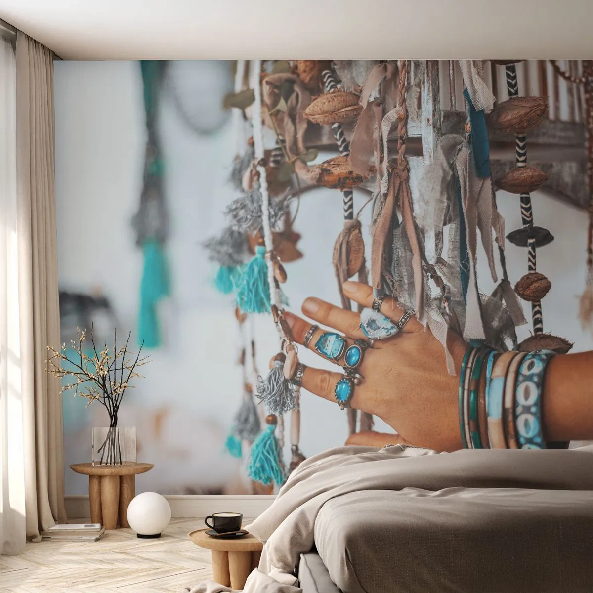 Papier Peint Photo Premium Canvas - Une main ornée de bijoux bohèmes avec des décorations en arrière-plan - 100x70cm - Trésor local - Décoration murale moderne pour le salon et la chambre ARTTOR